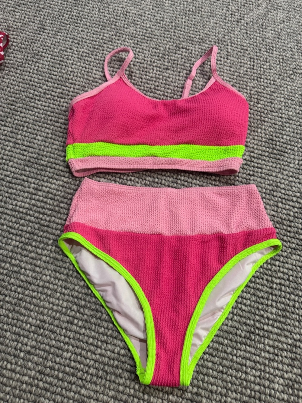 Pink Lily Pink Textured Bikini Set with Neon Green Trim